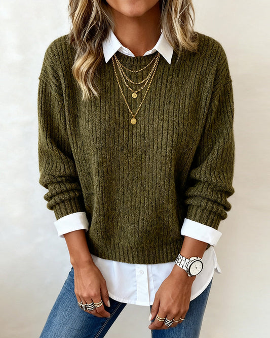 Camille - Sweater With Shirt Collar And Patchwork Design