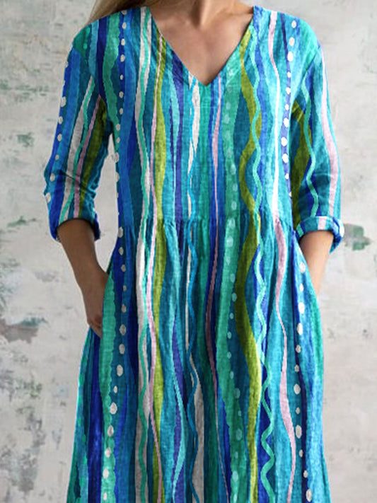 Women's Striped Art Print Casual Vintage Cotton Dress