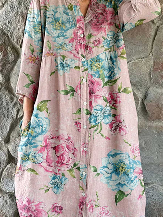Women's Rose Floral Art Print Cotton and Linen Shirt Dress
