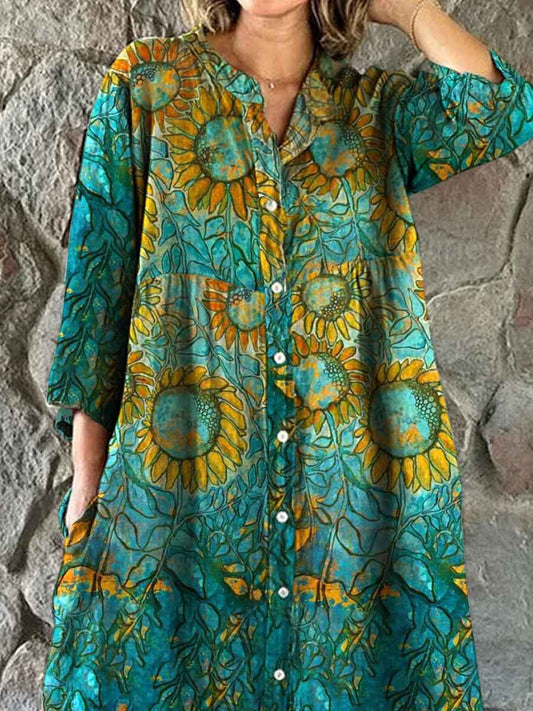Women's Vintage Sumflower Floral Pattern Shirt Style Cotton and Linen Dress