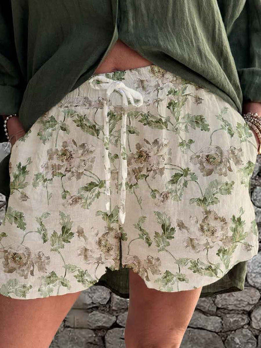 Women's Summer Elegant Simple Floral Linen Strappy Shorts