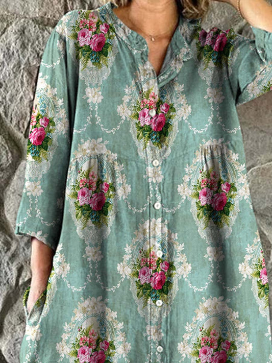 Women's Roses Floral Art Print Elegant Simple Cotton Shirt Dress