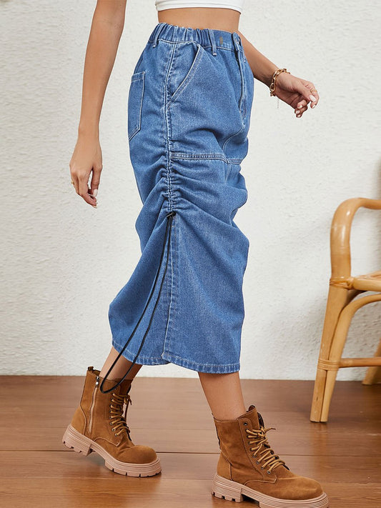 Women's Washed Elastic Waist Drawstring Denim Midi Skirt