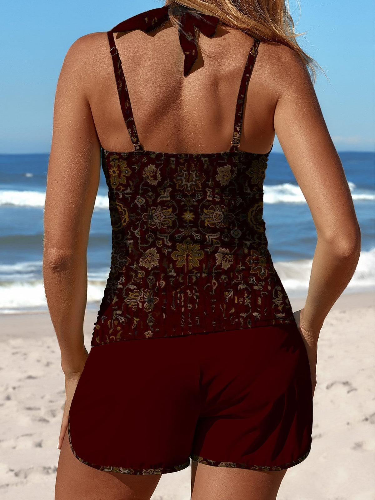 Deep Red Vintage Scatter Pattern Print Halter Patchwork Mid Waisted Tankini Short Set Swimsuit