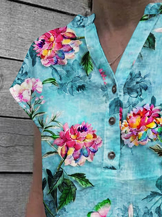 Women's Floral Art Casual Cotton Shirt Top