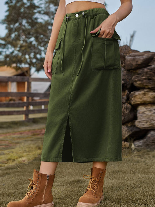 Women's Washed Lace-up Workwear Denim Slit Skirt